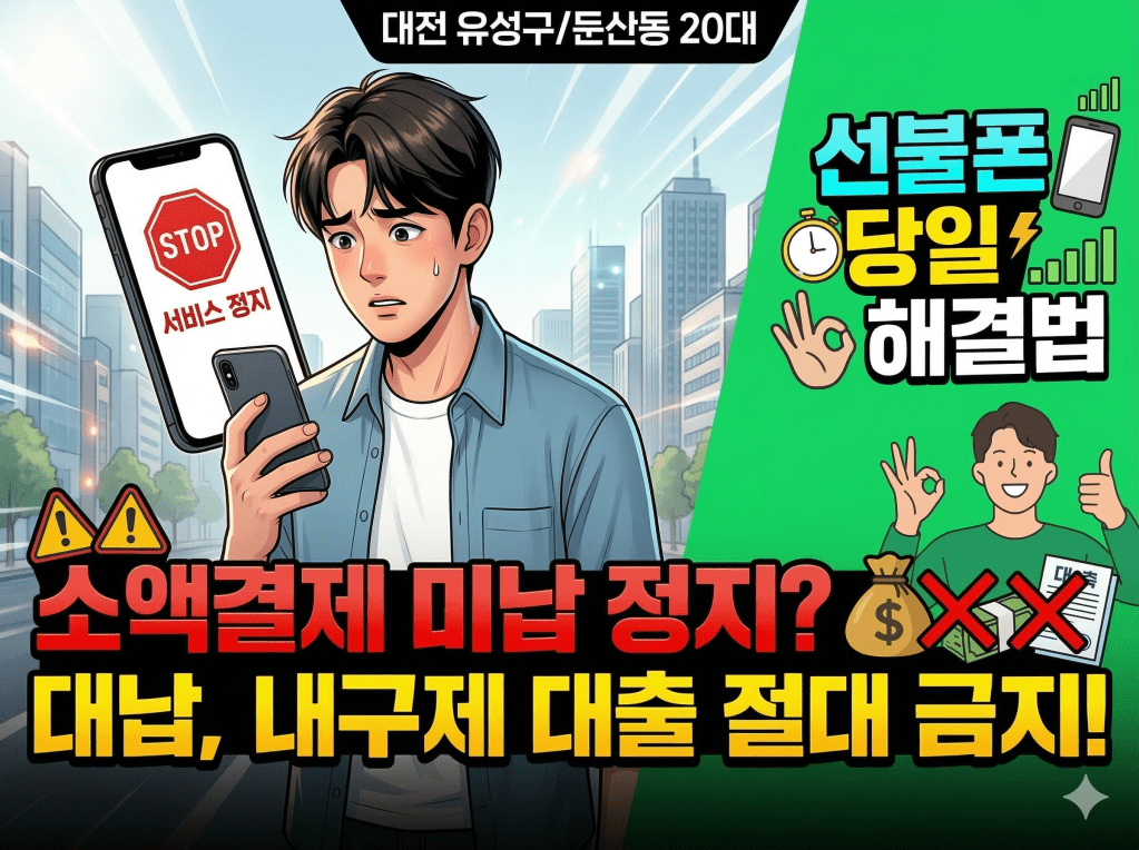 대전 유성구/둔산동 20대 소액결제 미납 정지? 대납, 내구제 대출 절대 금지! (선불폰 당일&nbsp;해결법)